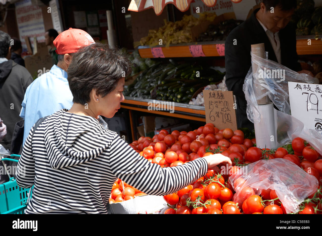 asian chinese woman picking fresh tomatoes vegetables from outside stall of a store chinatown toronto ontario canada Stock Photo