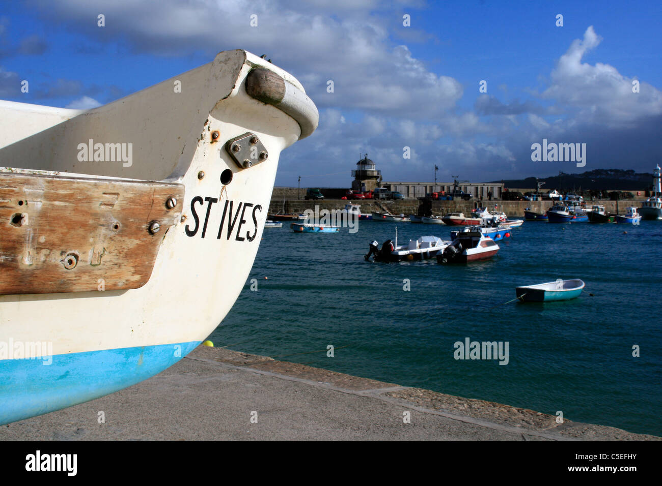 White and Blue Fishing Boat, St Ives, Cornwall. Photograph by Kim Craig. Stock Photo