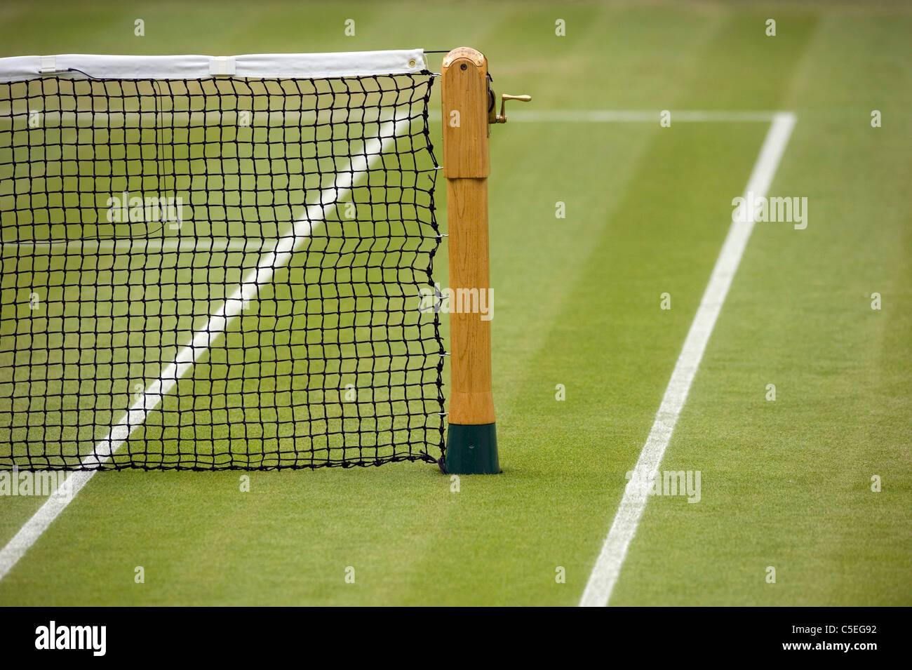 Post and net on Centre Court during the 2011 Wimbledon Tennis Championships  Stock Photo