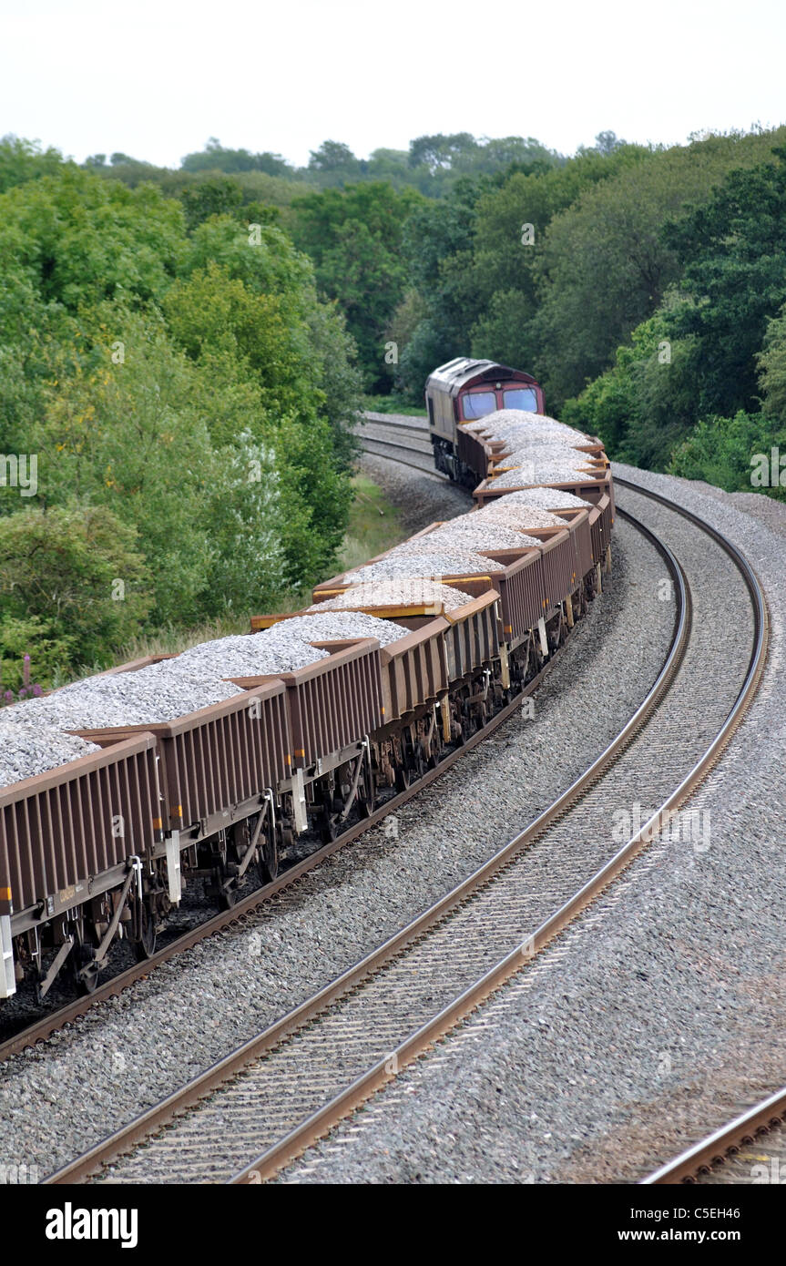 Dieselhauled ballast train going away, Warwickshire, England, UK Stock