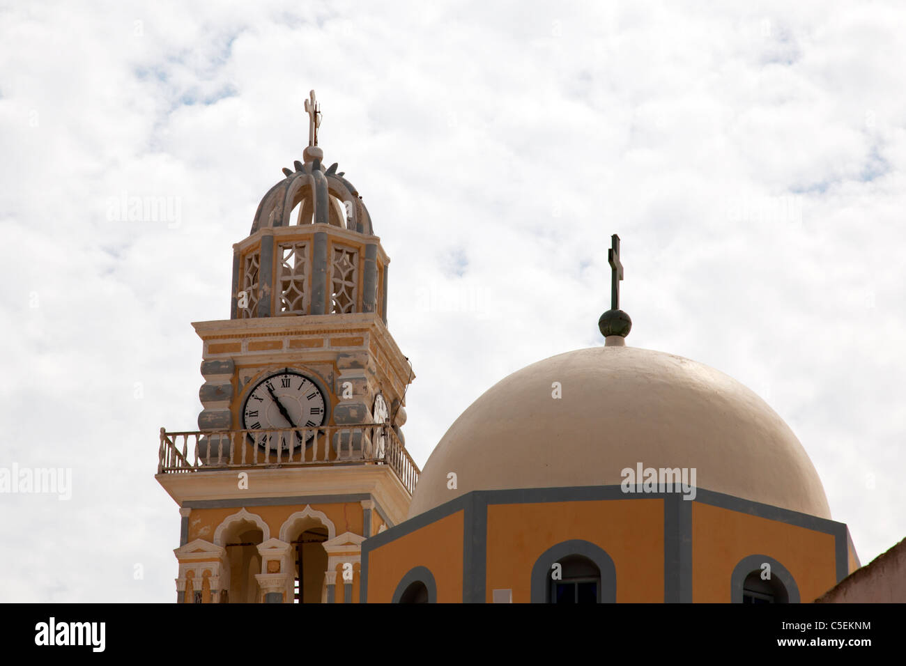 Thira, Santorini, Greek Island, Greece, Europe iconic domed church and clock tower with cross on top Stock Photo