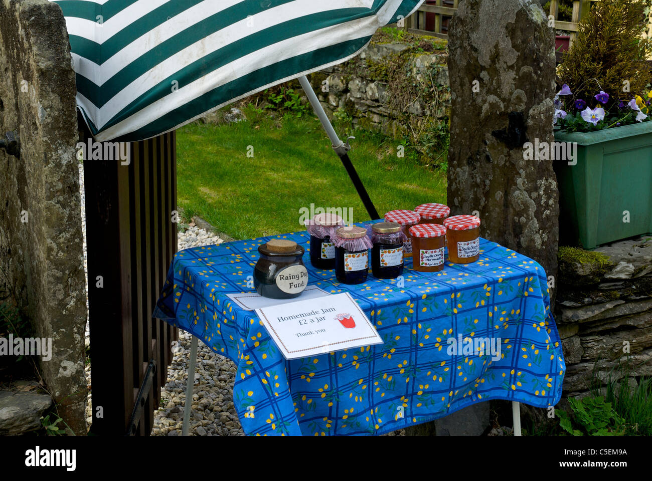 Homemade jam and marmalade for sale outside house in village of High