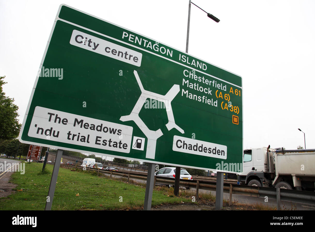 A road sign on the A52 at Pentagon Island, Derby, England, U.K. Stock Photo