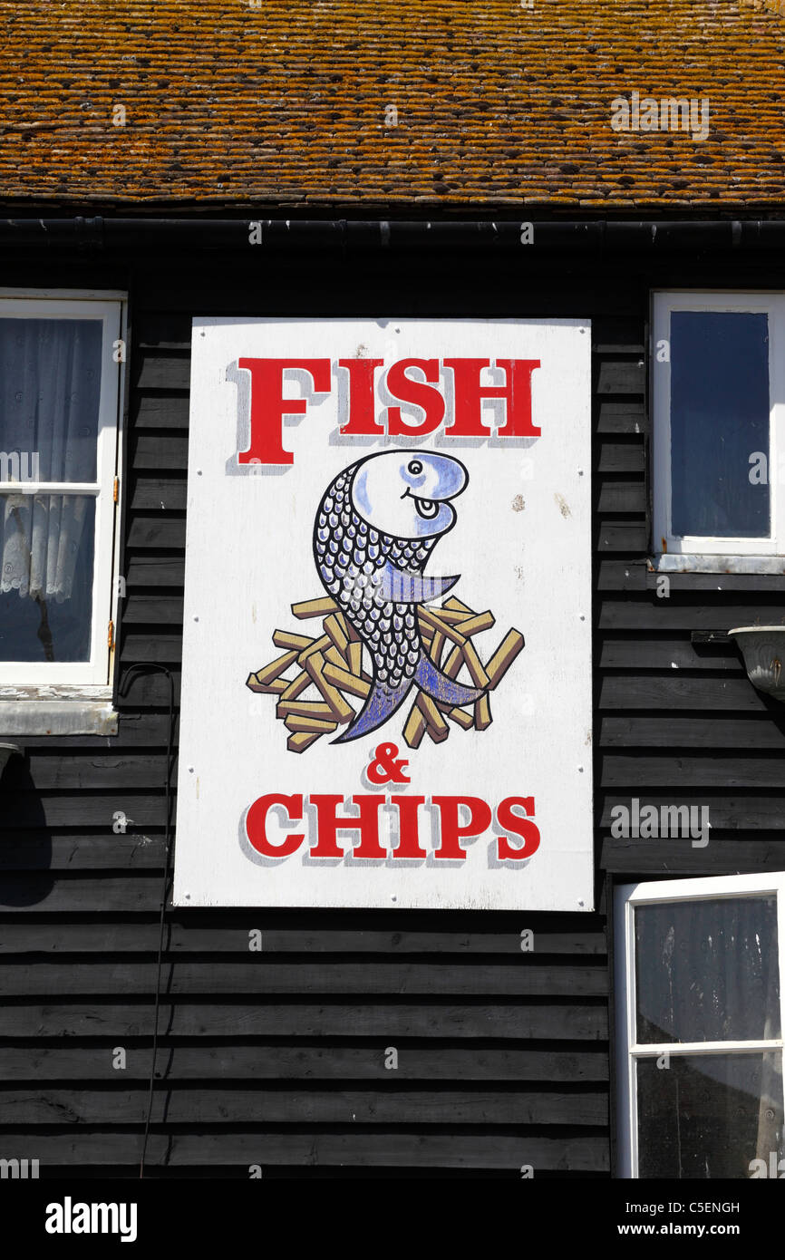Fish and Chips sign above shop in Old Town, Hastings, East Sussex, England Stock Photo