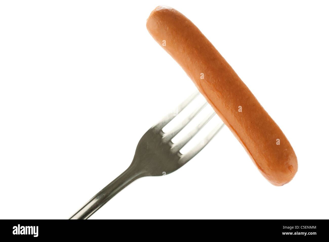 Hot dog sausage on a fork Stock Photo