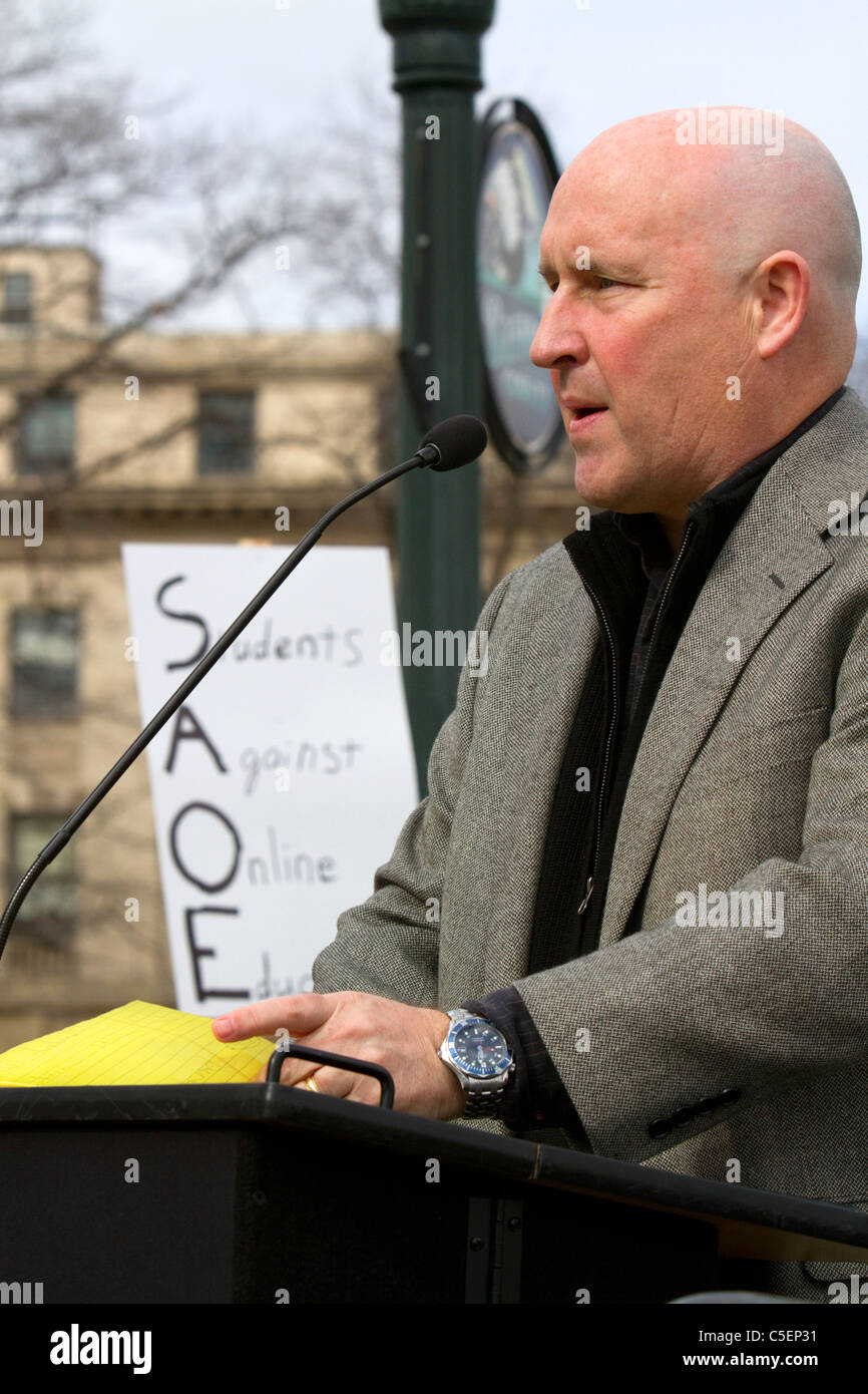 Rory Jones, speaker at a demonstration of people protesting cuts to education funding in Boise, Idaho, USA. Stock Photo
