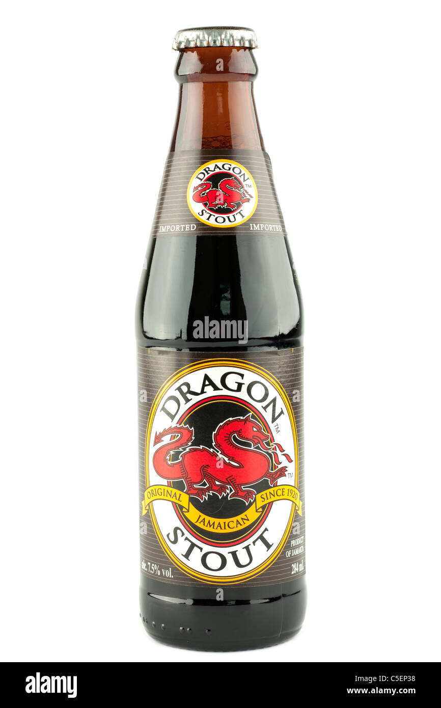 Bottle of imported strong 7.5 percent alcohol imported Jamaican Dragon Stout. Stock Photo