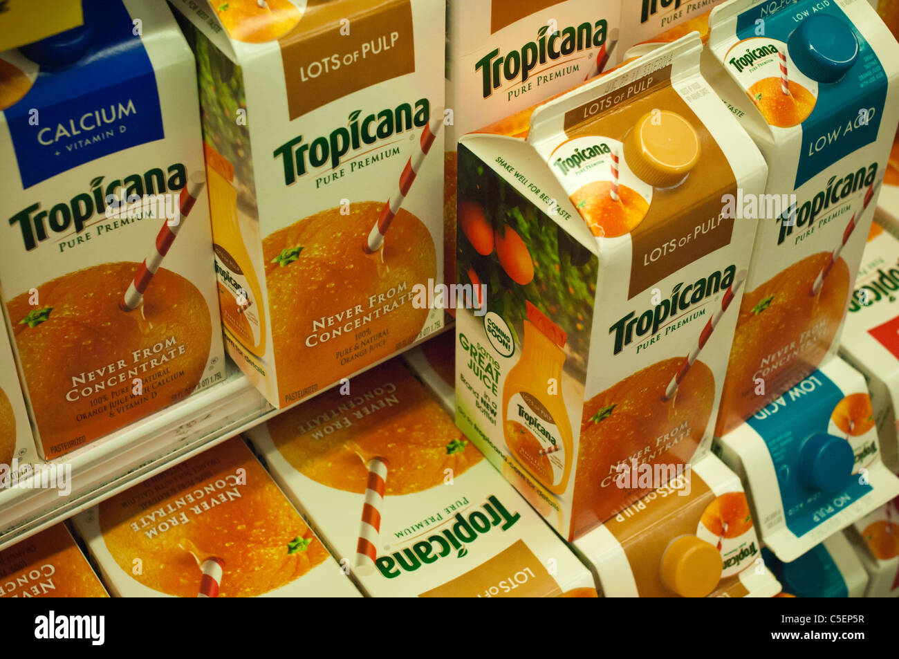Cartons of Tropicana orange juice are seen in a supermarket refrigerator case on Sunday, July 17, 2011. (© Richard B. Levine) Stock Photo