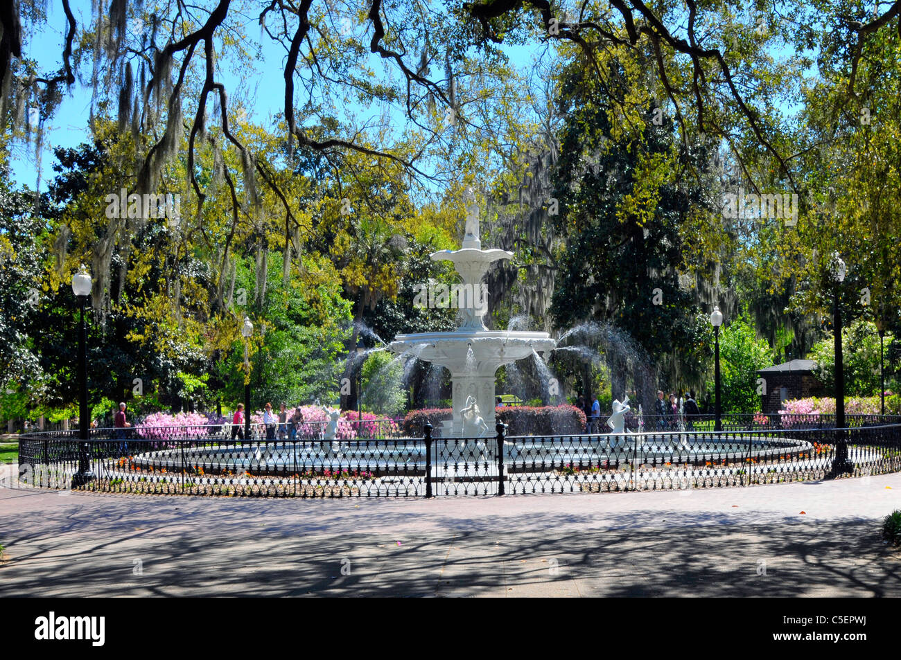 Large water fountain in Forsyth Park in the historic district of Savannah Georgia Stock Photo