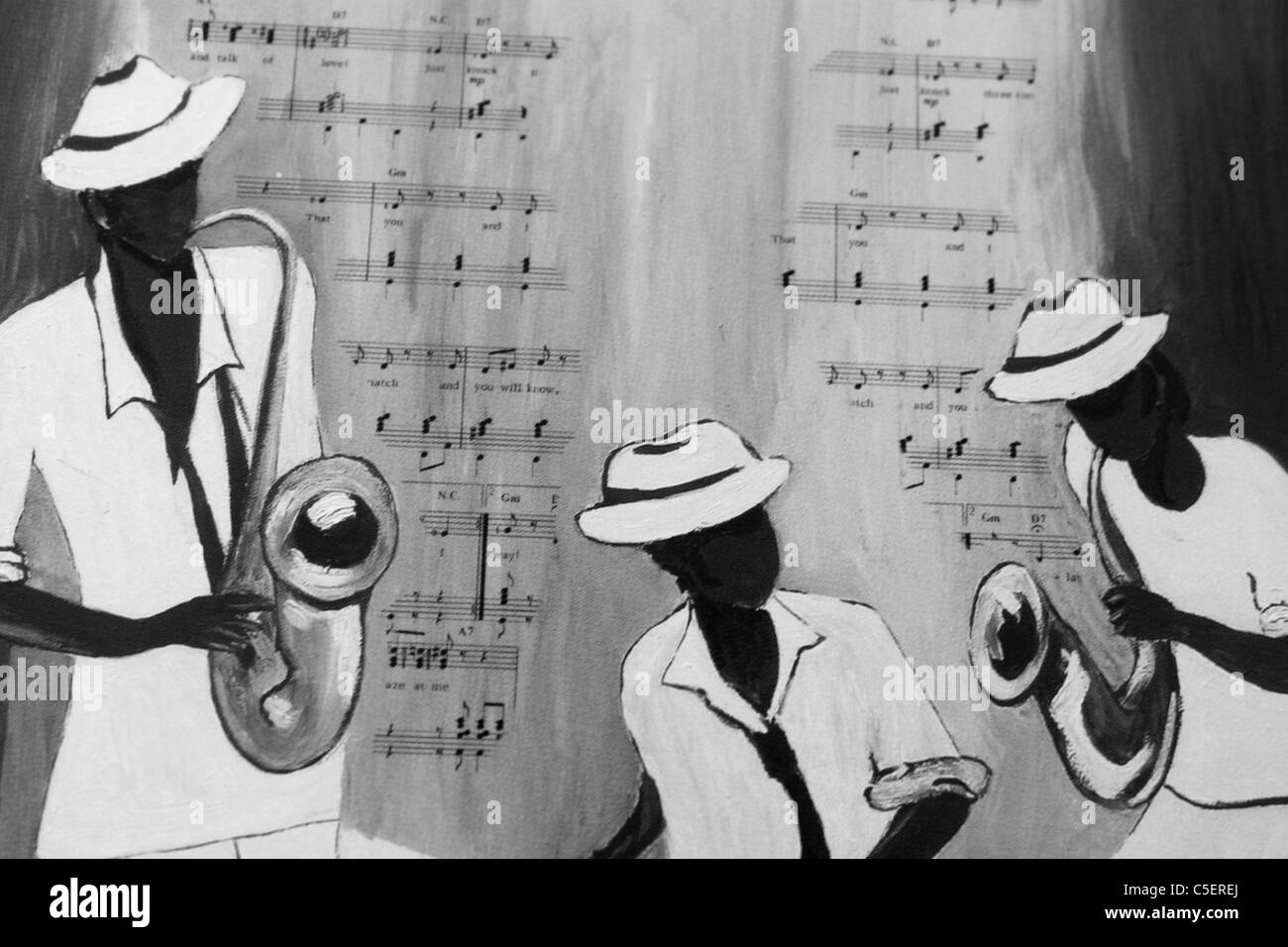 Cuban musicians painted on a music score decorating a house in Prado del Rey, Cadiz province, Andalusia, Spain, March 27, 2011. Stock Photo