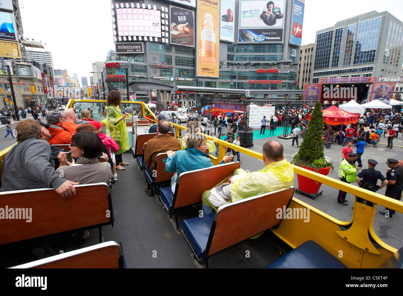 open top guided bus city tour top deck downtown yonge dundas square toronto ontario canada Stock Photo