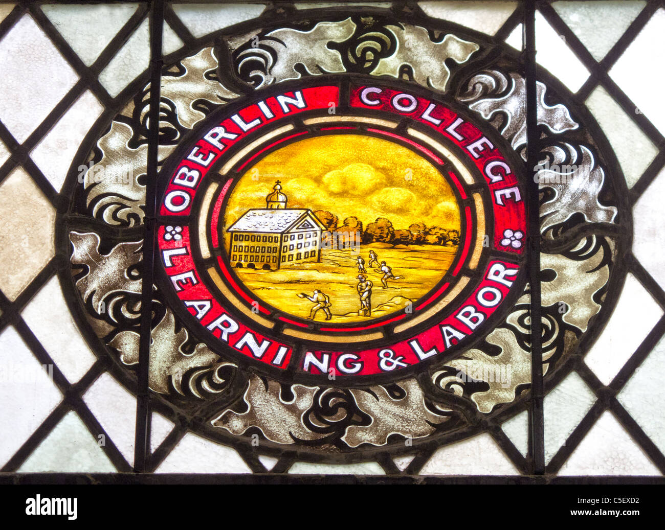 Oberlin College stained glass window seal Stock Photo Alamy