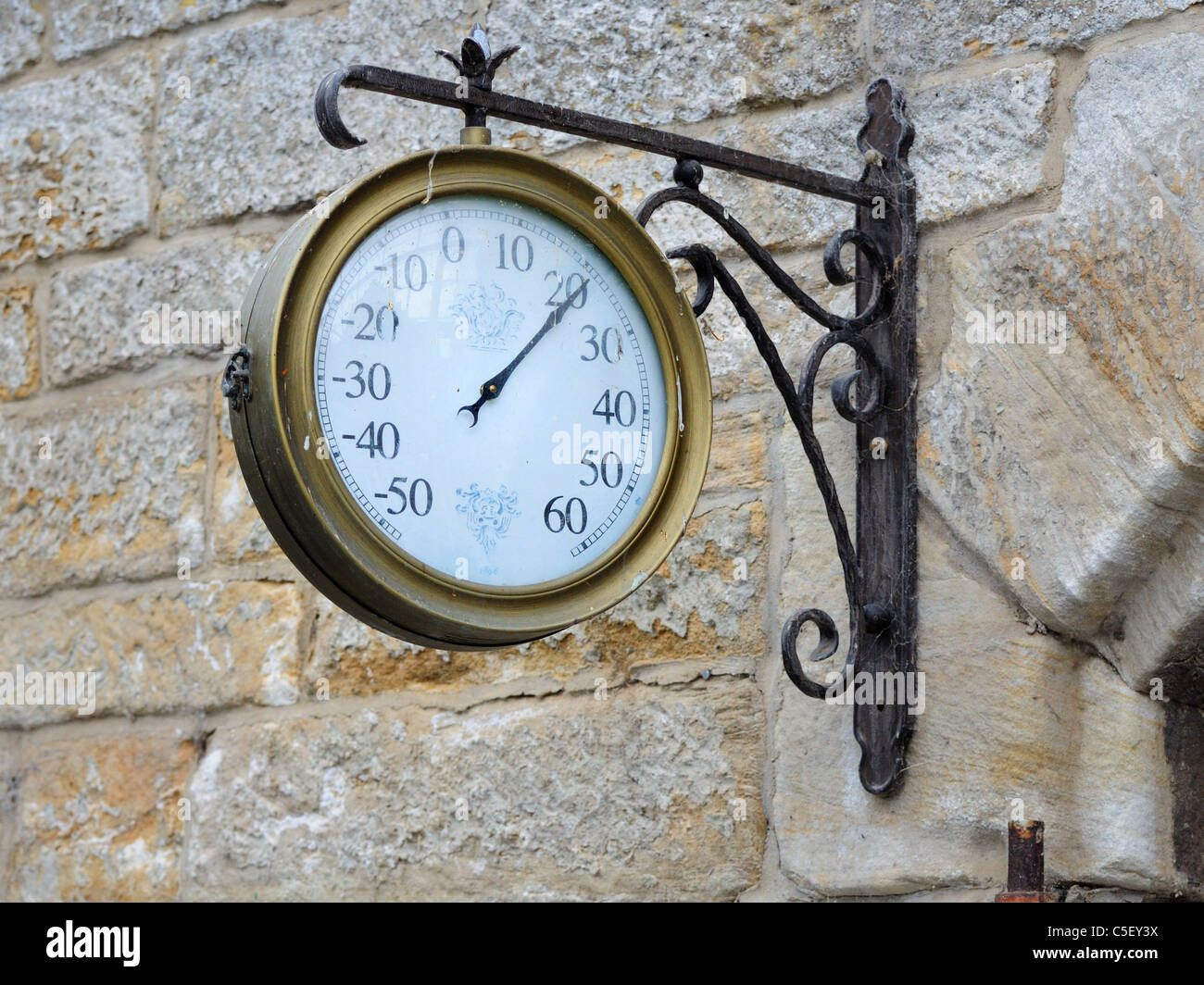 https://c8.alamy.com/comp/C5EY3X/large-round-analog-thermometer-hanging-from-bracket-on-outside-wall-C5EY3X.jpg