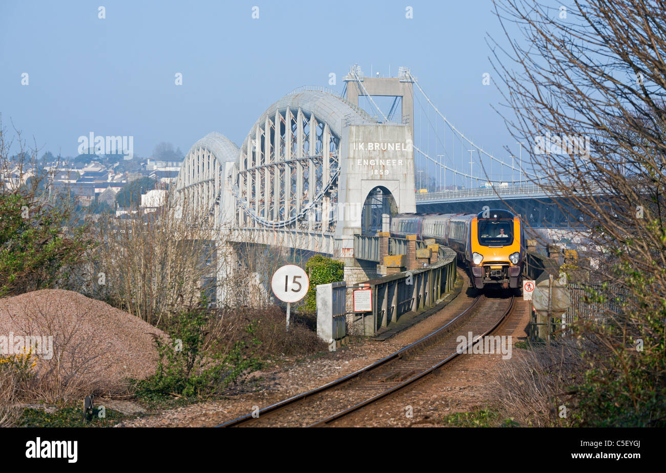 Royal Albert Railway Bridge with Cross-Country Express Passenger Service, Plymouth, Devon, England, United Kingdom Stock Photo