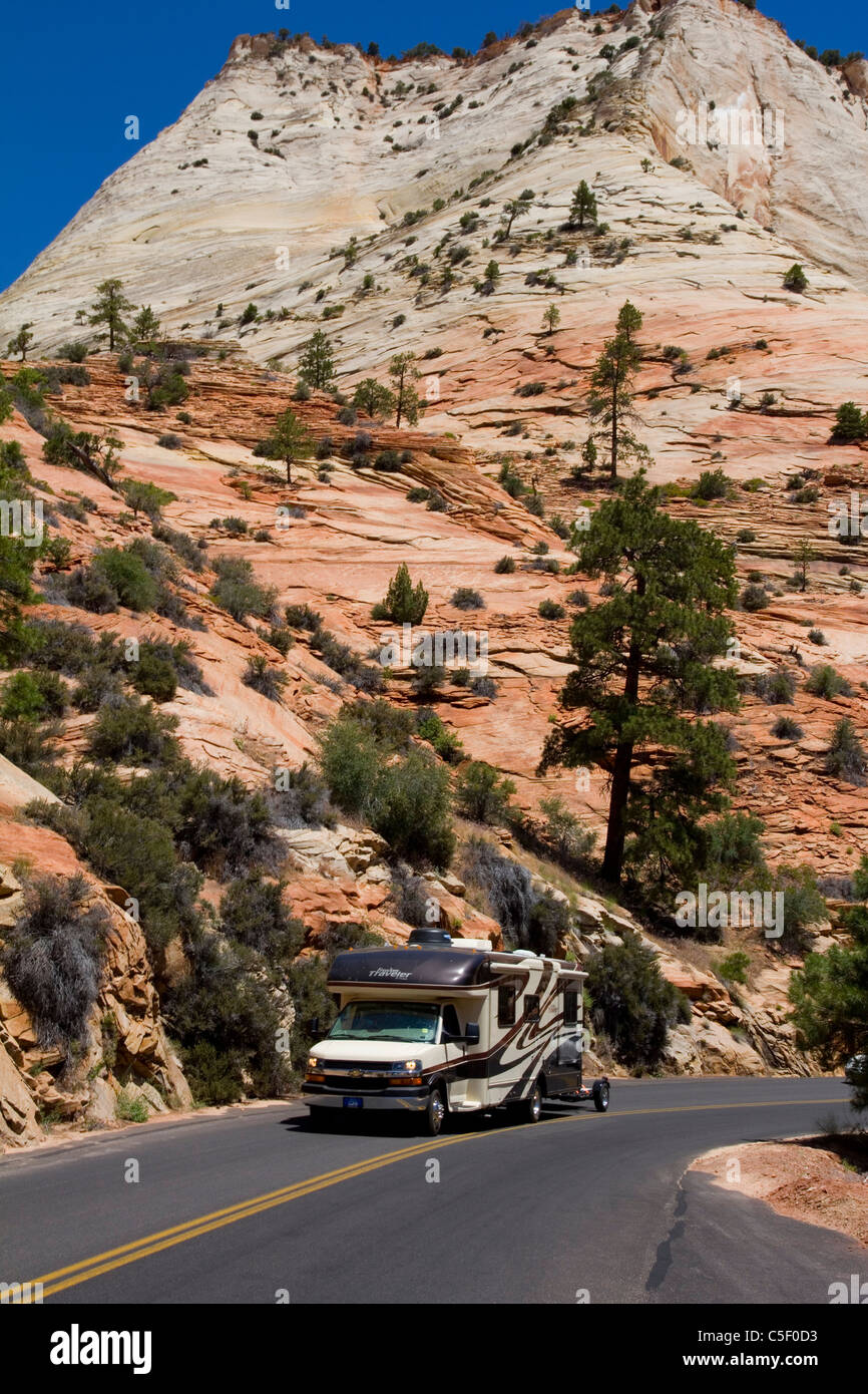 RV action along scenic Route 9 through Zion National Park, UT Stock