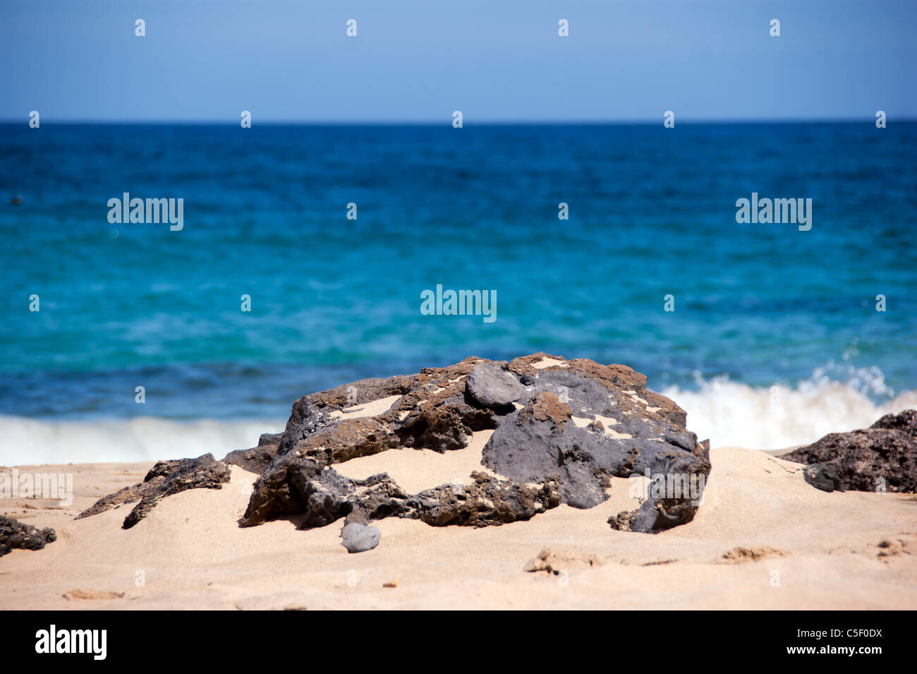 rock detail with ocean in the background, playa mujeres, lanzarote, canary islands Stock Photo