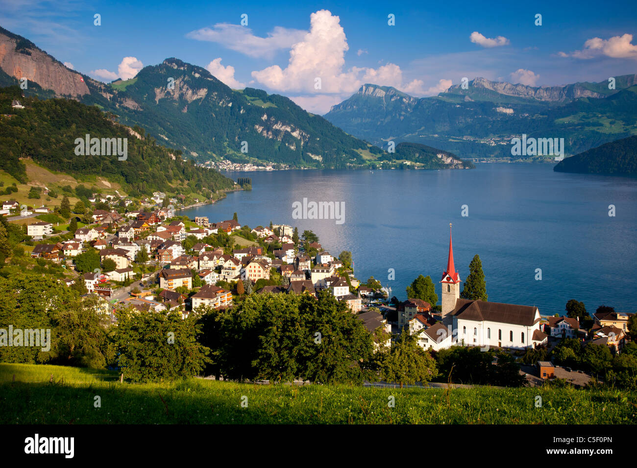 Resort town of Weggis overlooking Lake Lucerne in the Swiss Alps, Switzerland Stock Photo