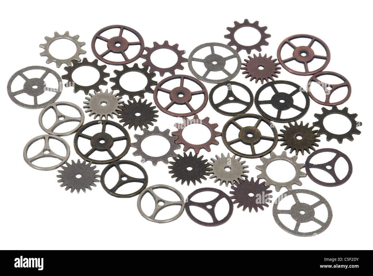 Various antique and retro gears with interlinking teeth and cogs - path included Stock Photo