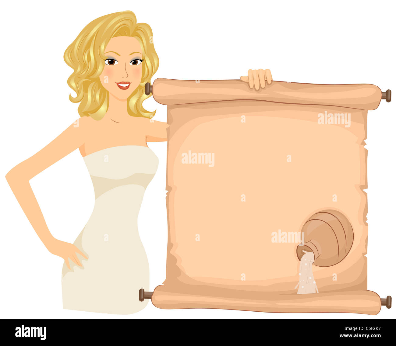 An Aquarian Holding a Scroll With the Image of a Jar of Water Printed on it Stock Photo