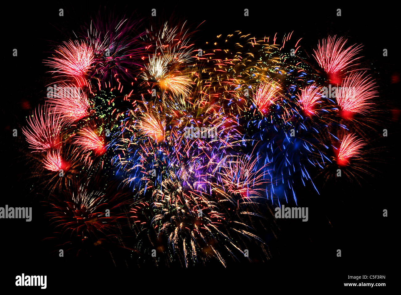 Multicolor fireworks exploding in the night sky Stock Photo