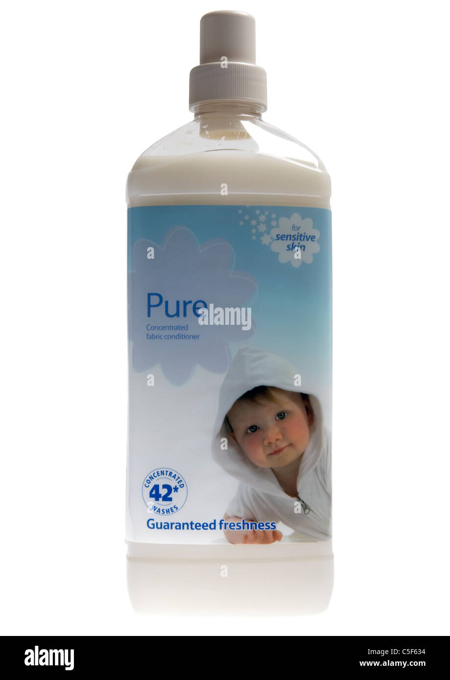 Bottle of fabric conditioner on white background Stock Photo