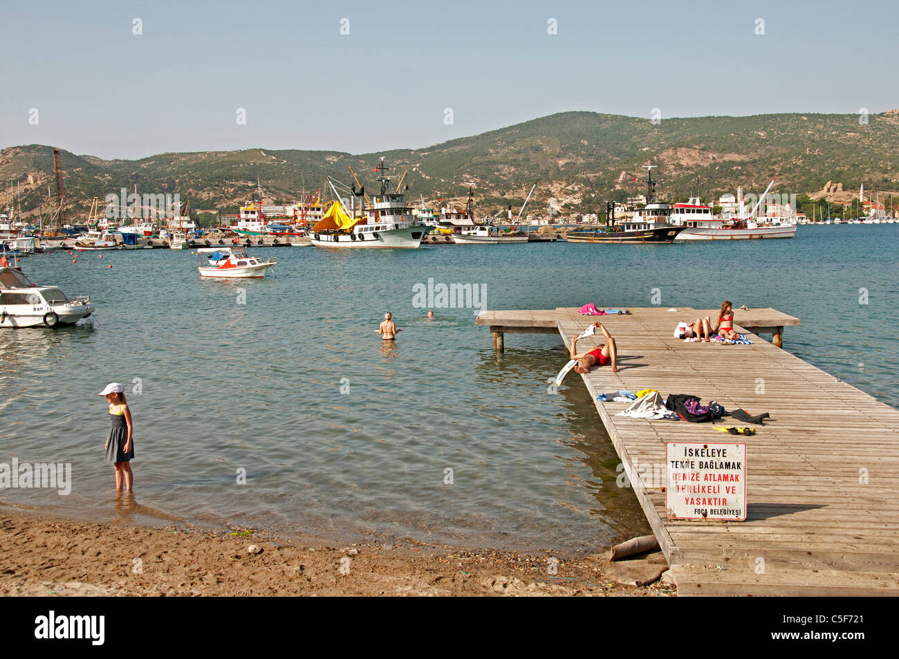 Foca Fishing Port Harbor Izmir Turkey  swimming Stock Photo