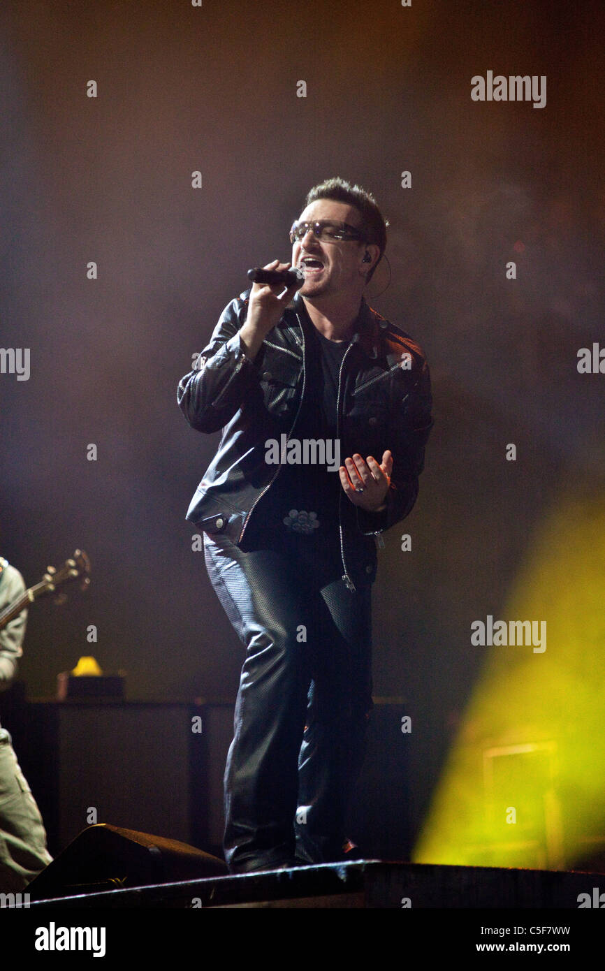 U2 performing at the Glastonbury Festival 2011, Somerset, England, United Kingdom. Stock Photo