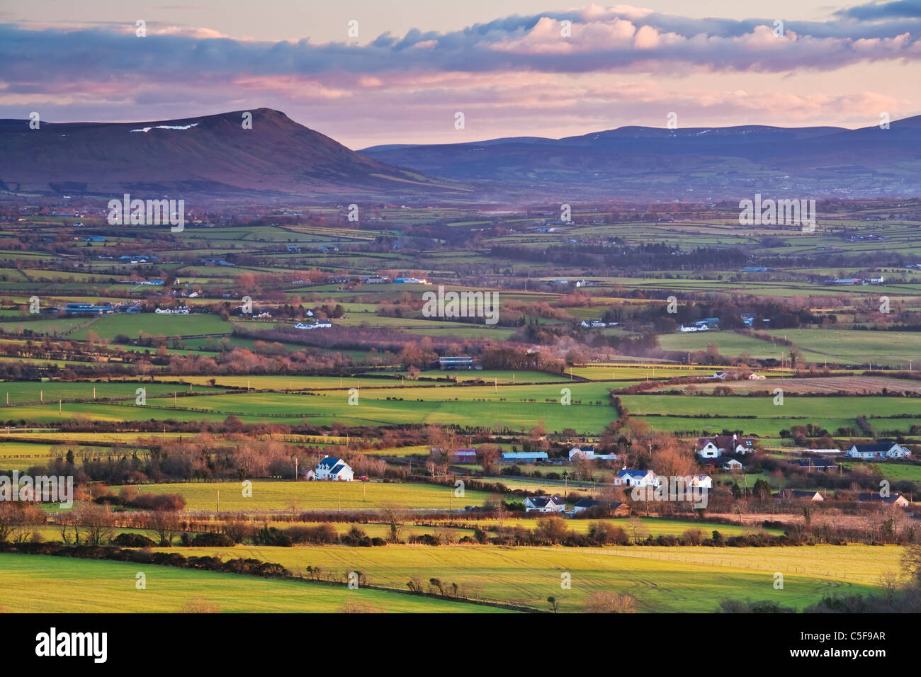 Looking south from Lisnagrib across the River Roe valley toward Limavady and the Sperrins, County Derry, Northern Ireland Stock Photo