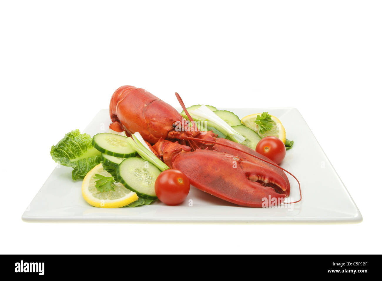 Whole cooked lobster with salad on a plate Stock Photo