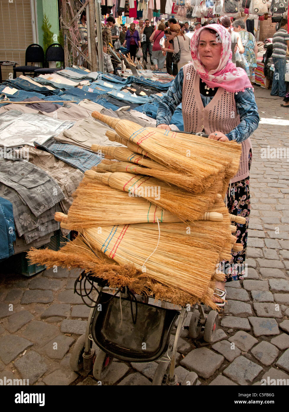 Ayavalik old town Market Bazaar broom besom Turkey Turkish Stock Photo