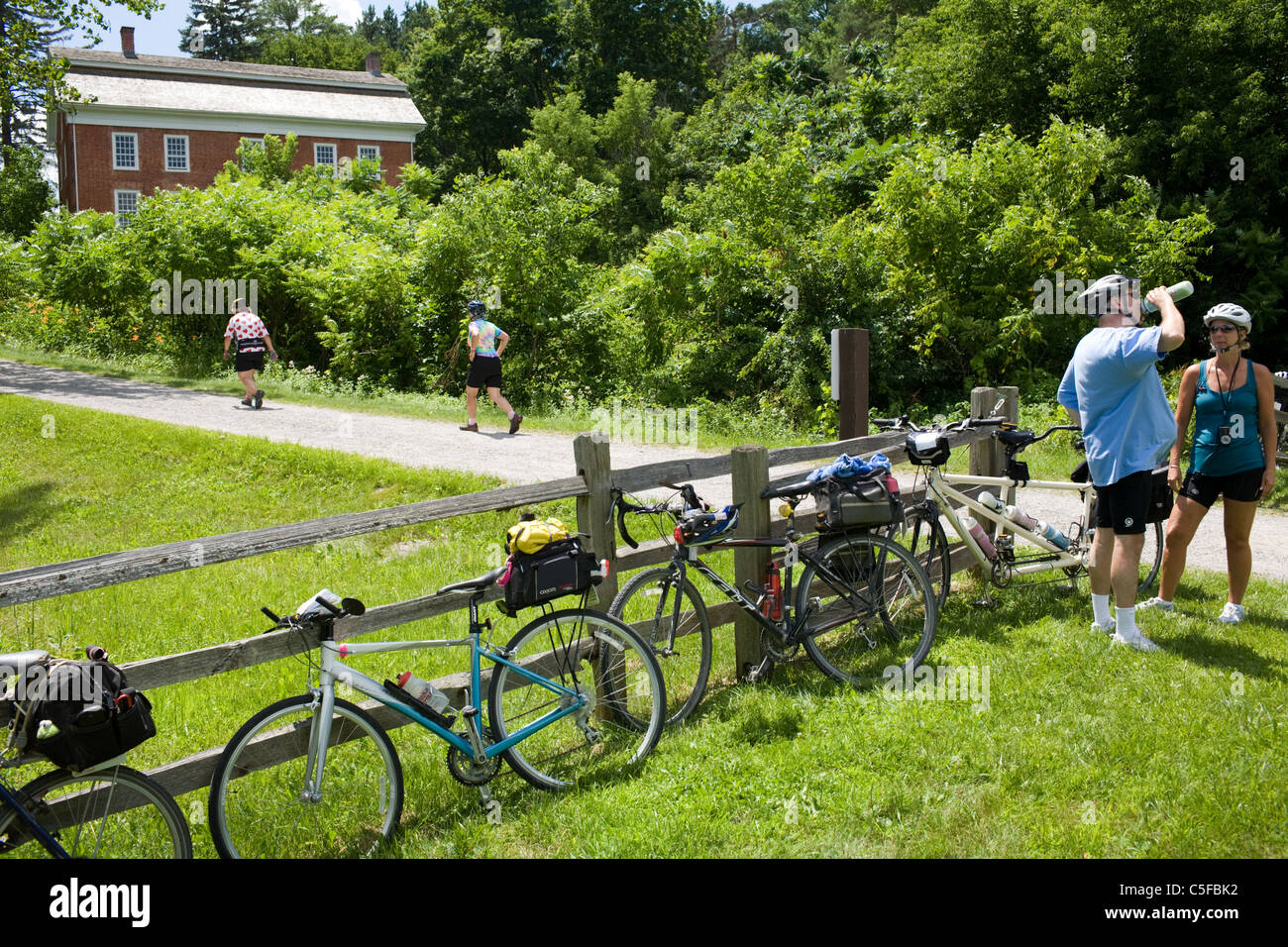 Bikers stop to visit Herkimer Home, Cycling The Erie Canal Bike Tour, Mohawk Valley, New York State, USA Stock Photo