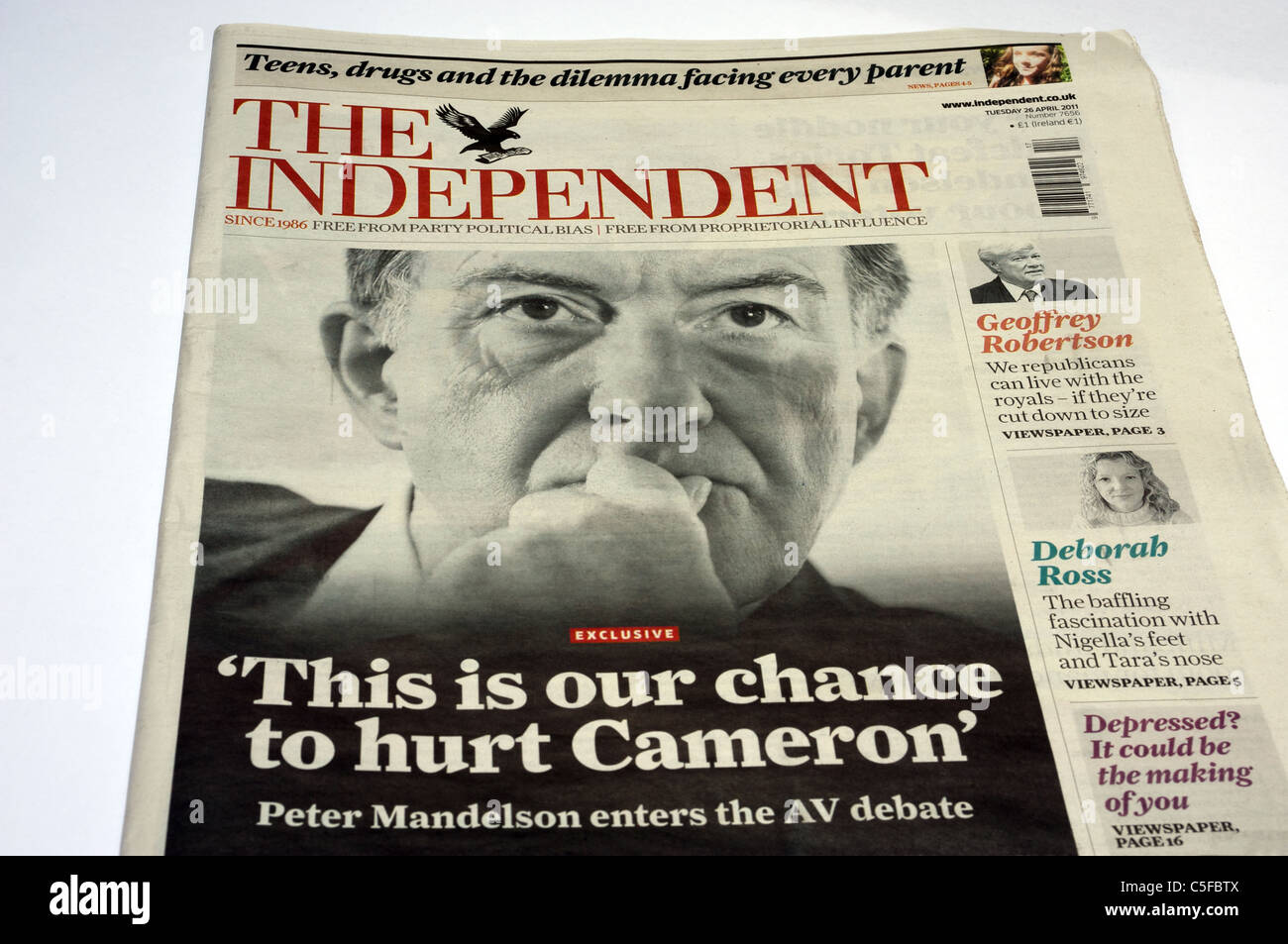 The Independent newspaper with Peter Mandelson interview Stock Photo