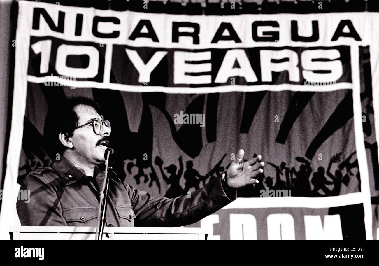 NICARAGUA. Ex-president Daniel Ortega celebrating 10 years of sandinista revolution at a rally in 1989 Stock Photo
