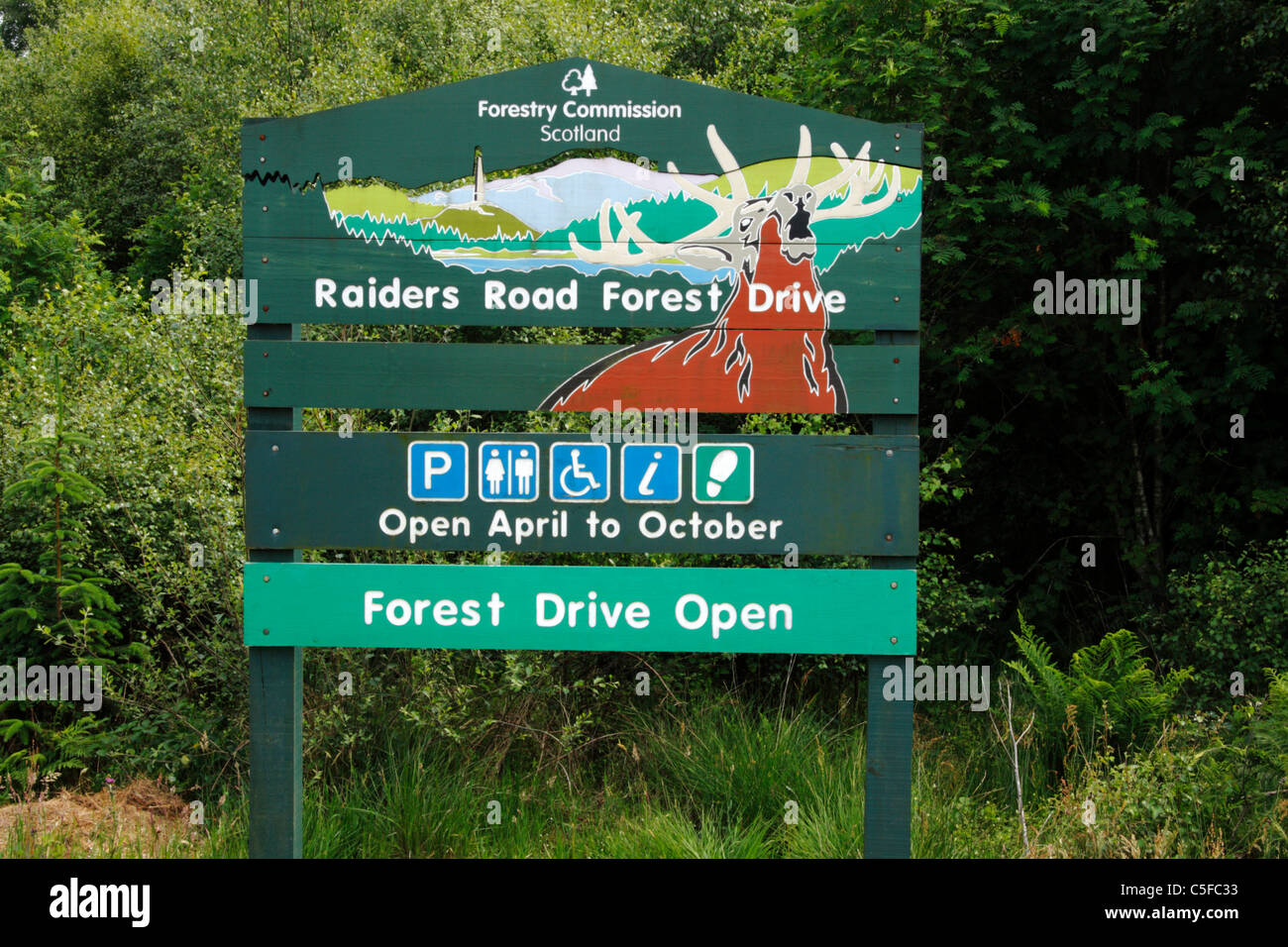 Sign for Raiders Road Forest Drive in Galloway Forest Park, Dumfries