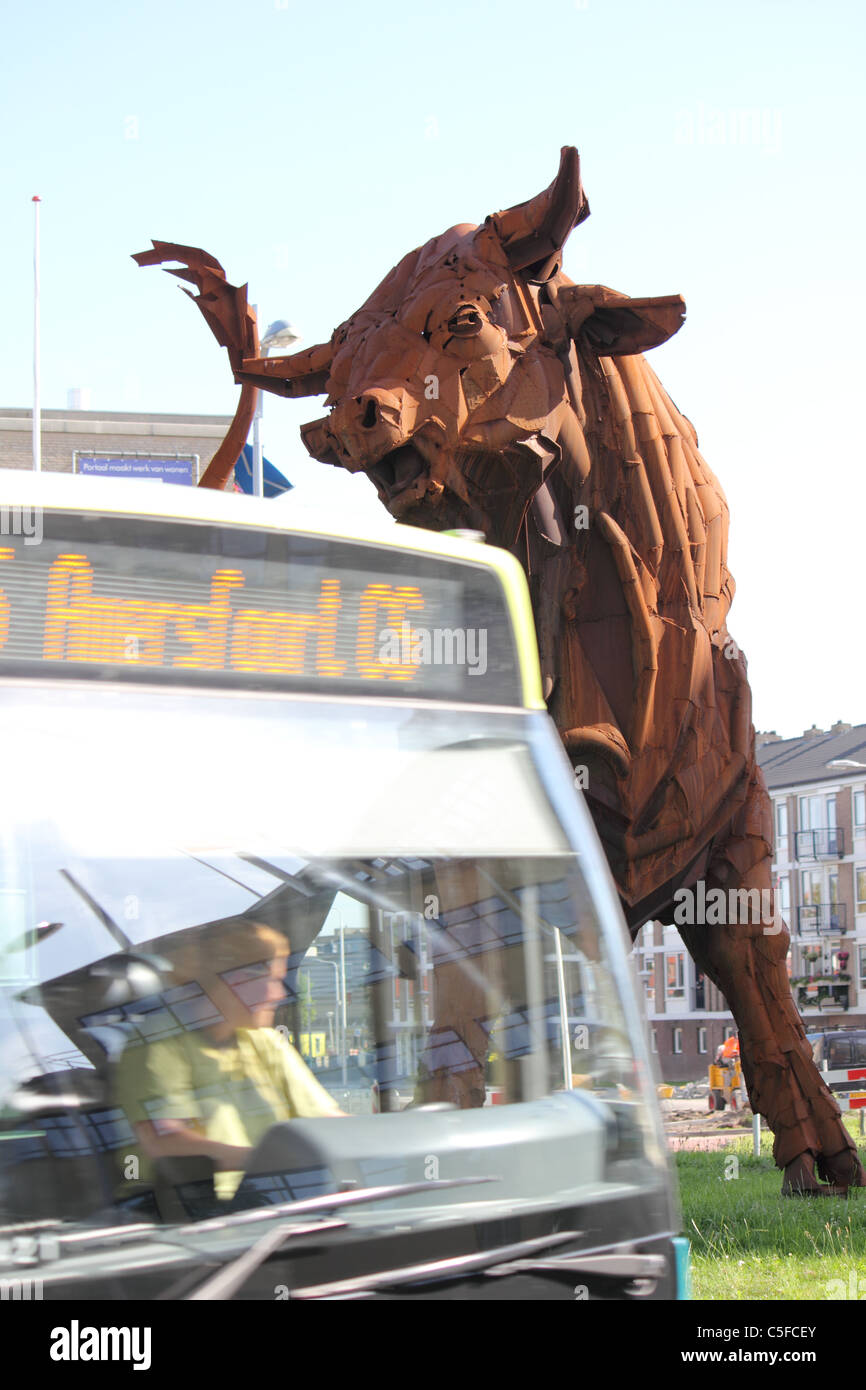 rusty giant iron bull standing in the city of Amersfoort Stock Photo