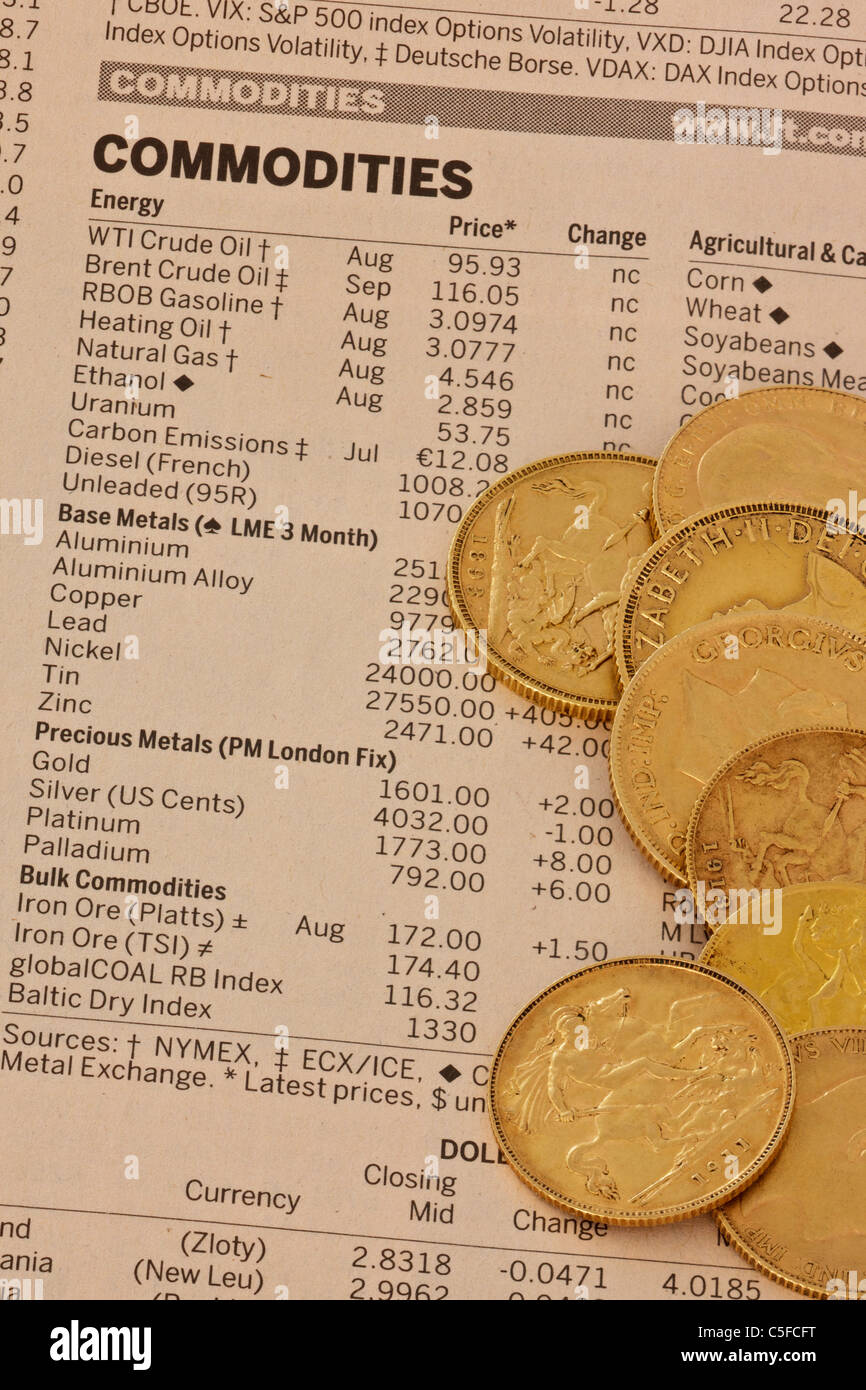 Gold sovereigns and half sovereigns on a page of commodity prices from the Financial Times. Stock Photo