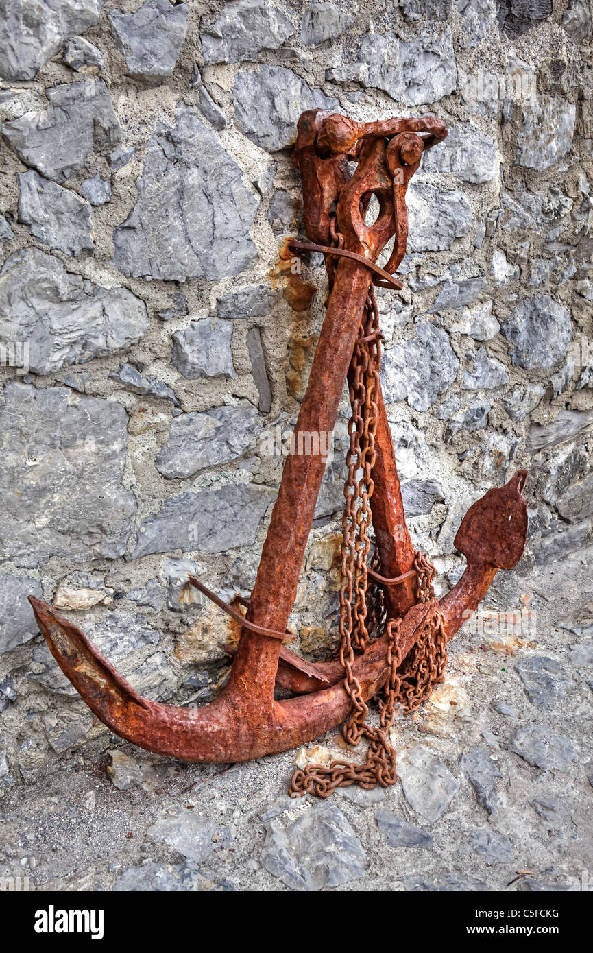 old, rusty anchor, as seen in Camogli, Liguria, Italy Stock Photo