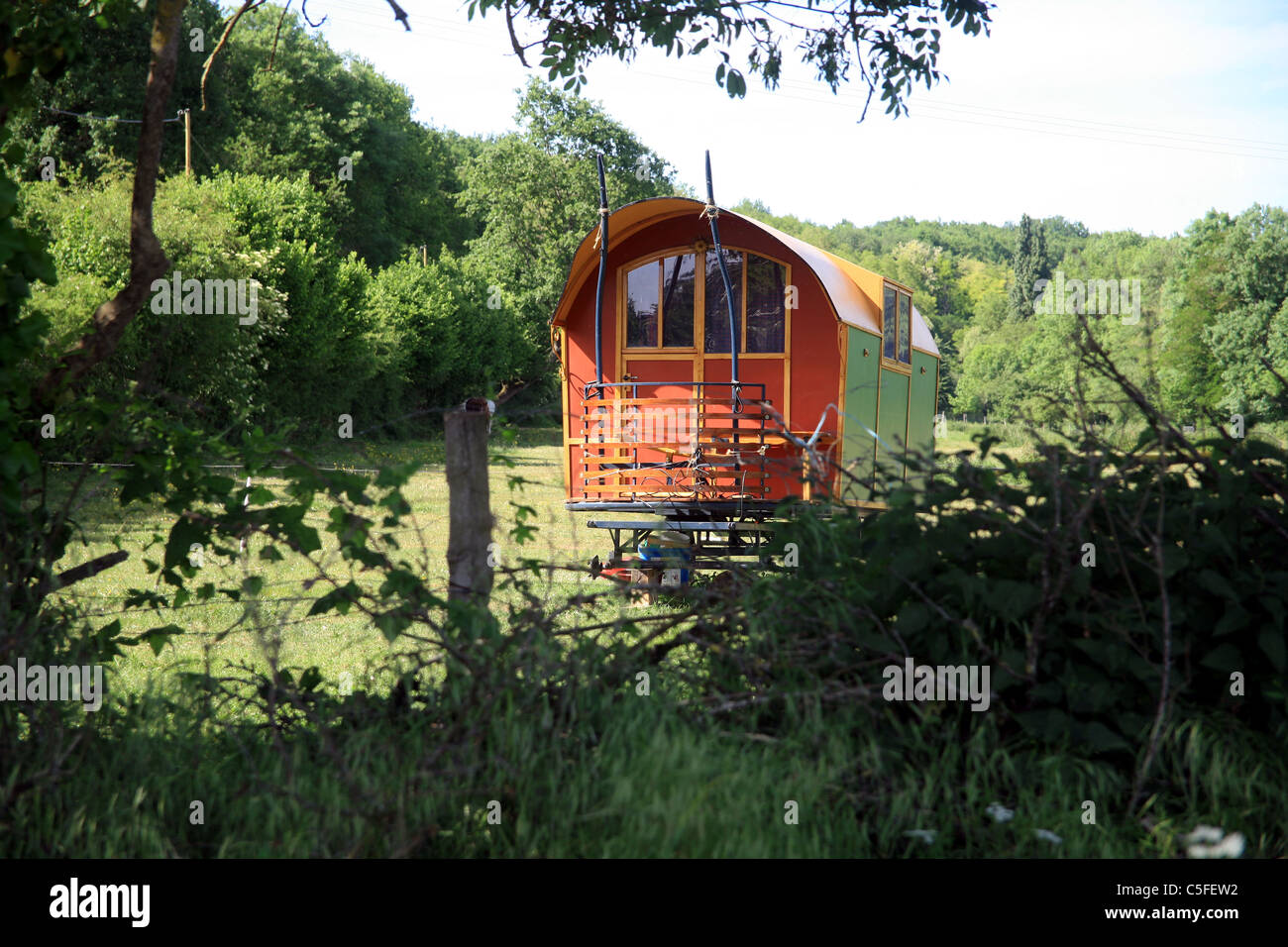 Traditional Romany Caravan in a field in Poitou-Charante, France Stock Photo