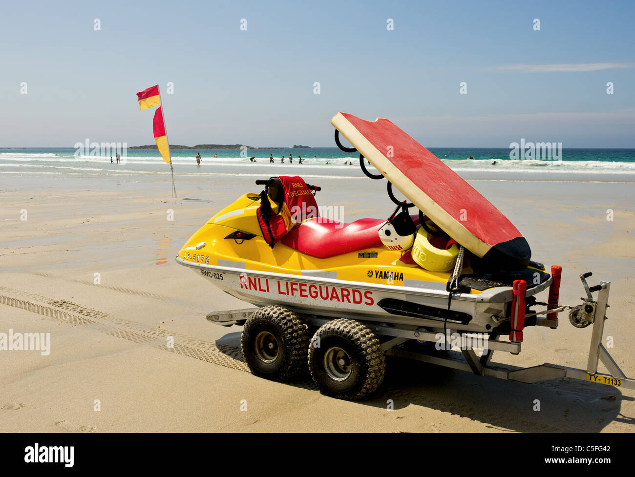 An RNLI jet ski on a trailer at Sennen in Cornwall. Stock Photo