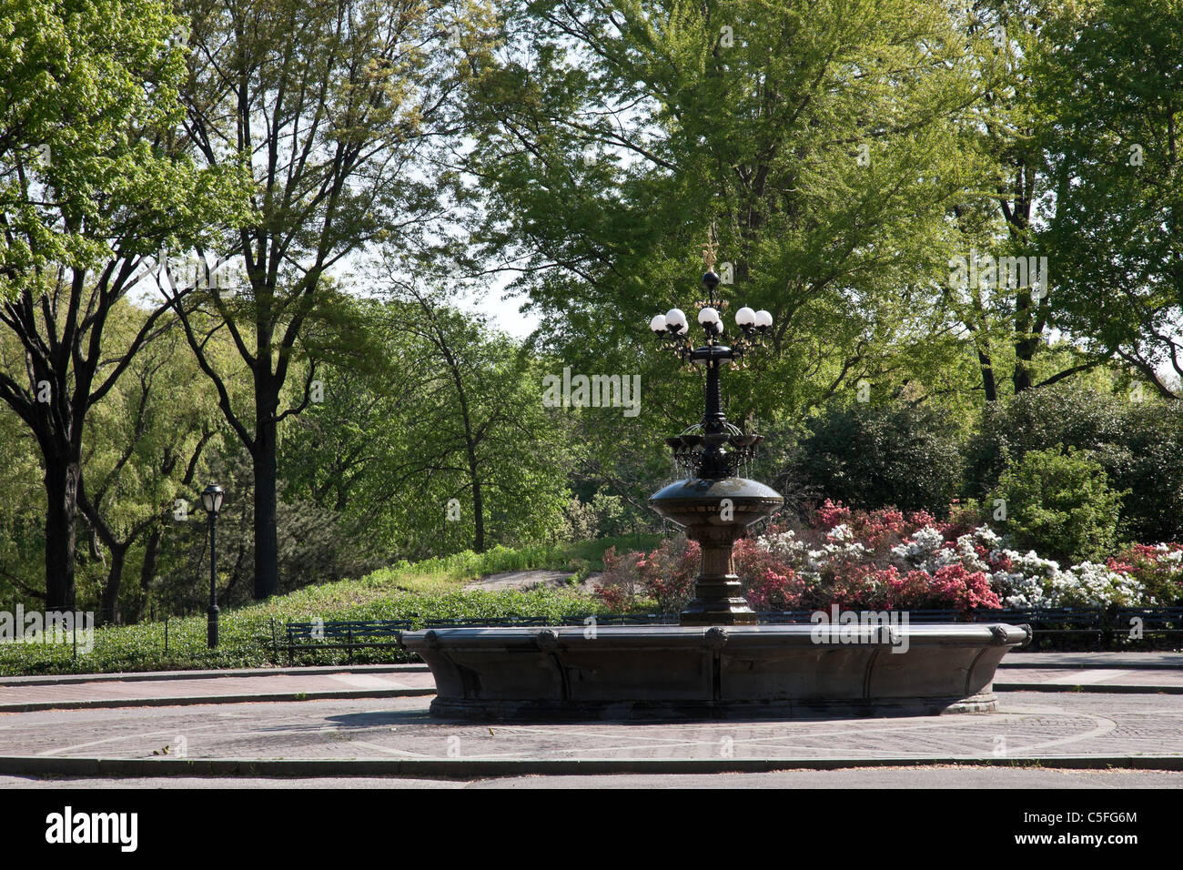 The Cherry Hill Fountain in central park is located in a turnaround