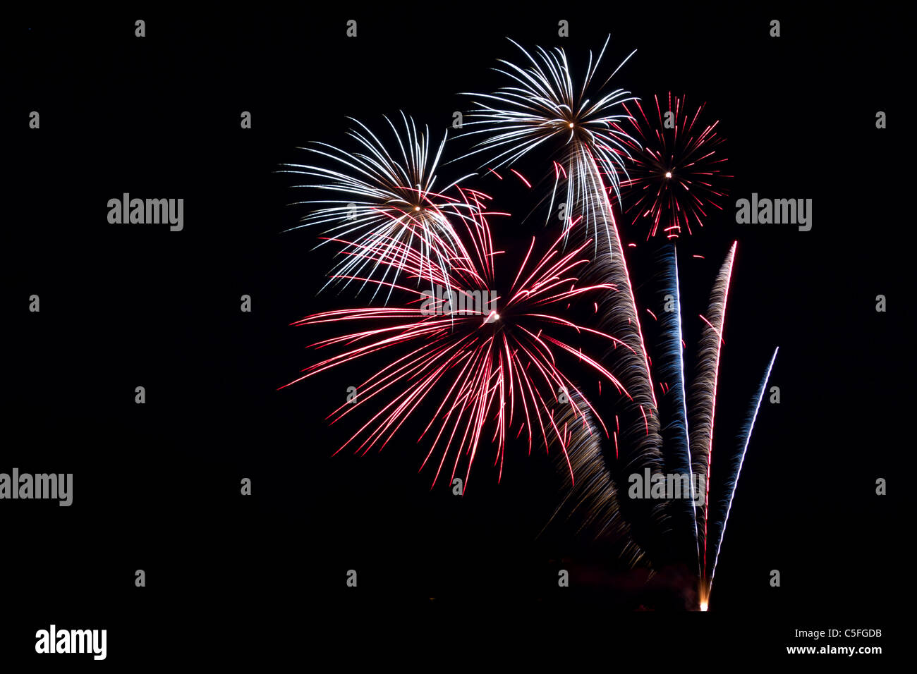 Canada Day fireworks over Lake Minnewasta, Morden, Manitoba, Canada. Stock Photo