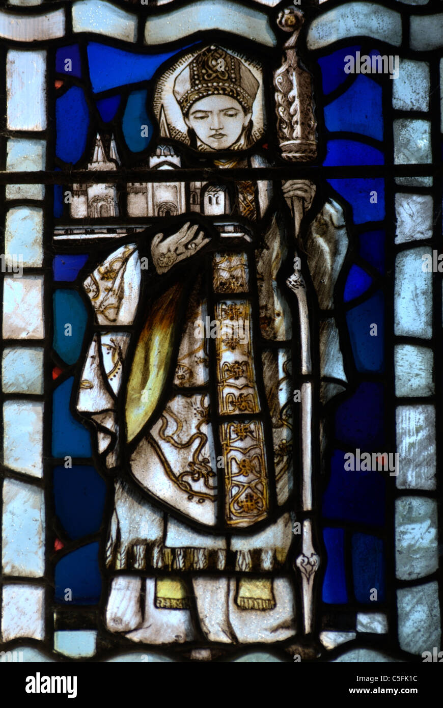 St.Chad depicted in the east window of All Saints Church Brockhampton Herefordshire UK Stock Photo