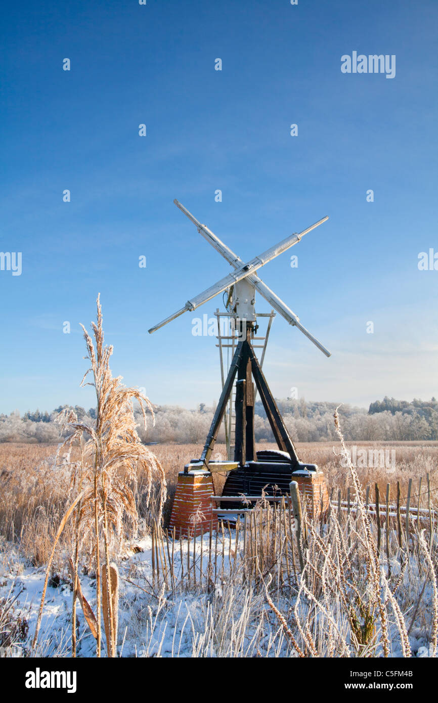 Clayrack open framed skeleton drainage mill on a winters day at How Hill on the Norfolk Broads. Stock Photo