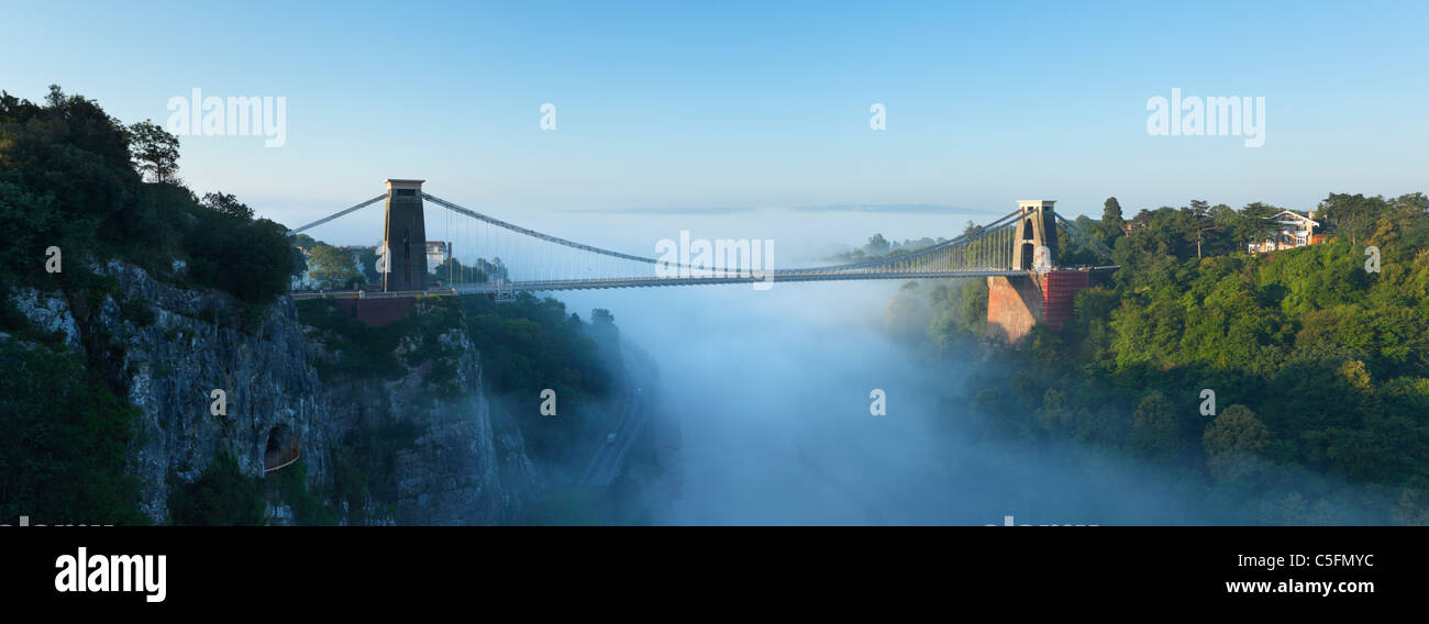 Morning mist in the Avon Gorge at Clifton Suspension Bridge. Bristol. England. UK. Stock Photo