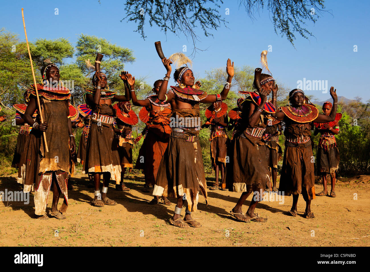 Pokot people doing traditional dancing. They live in the West and Baringo districts of Kenya. Stock Photo