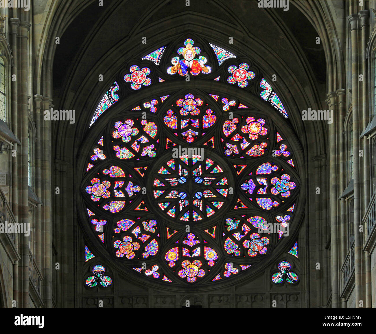 Prague - Gothic stained window in St, Vitus Cathedral Stock Photo