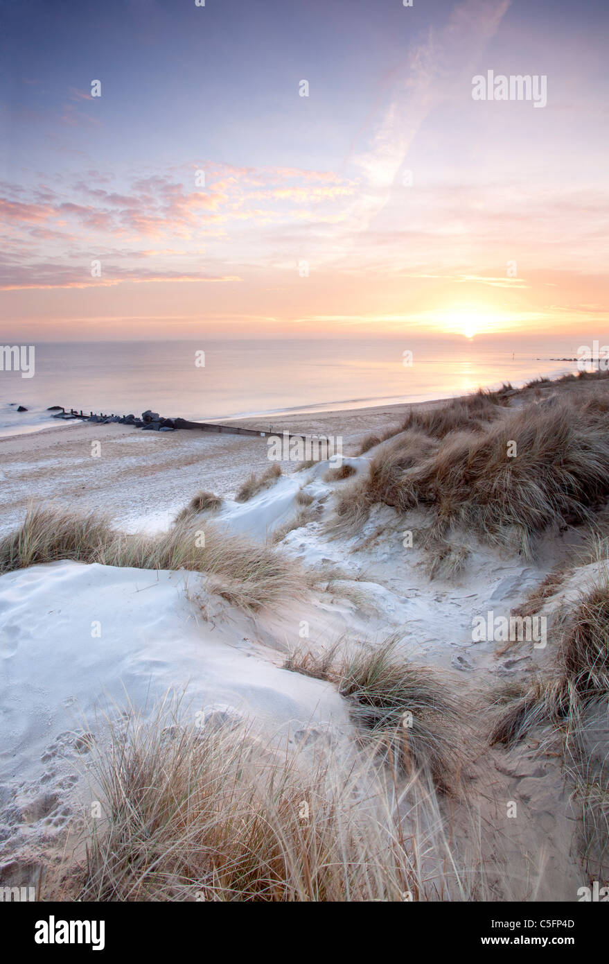 Sea Palling on a frosty morning at dawn on the Norfolk Coast Stock Photo