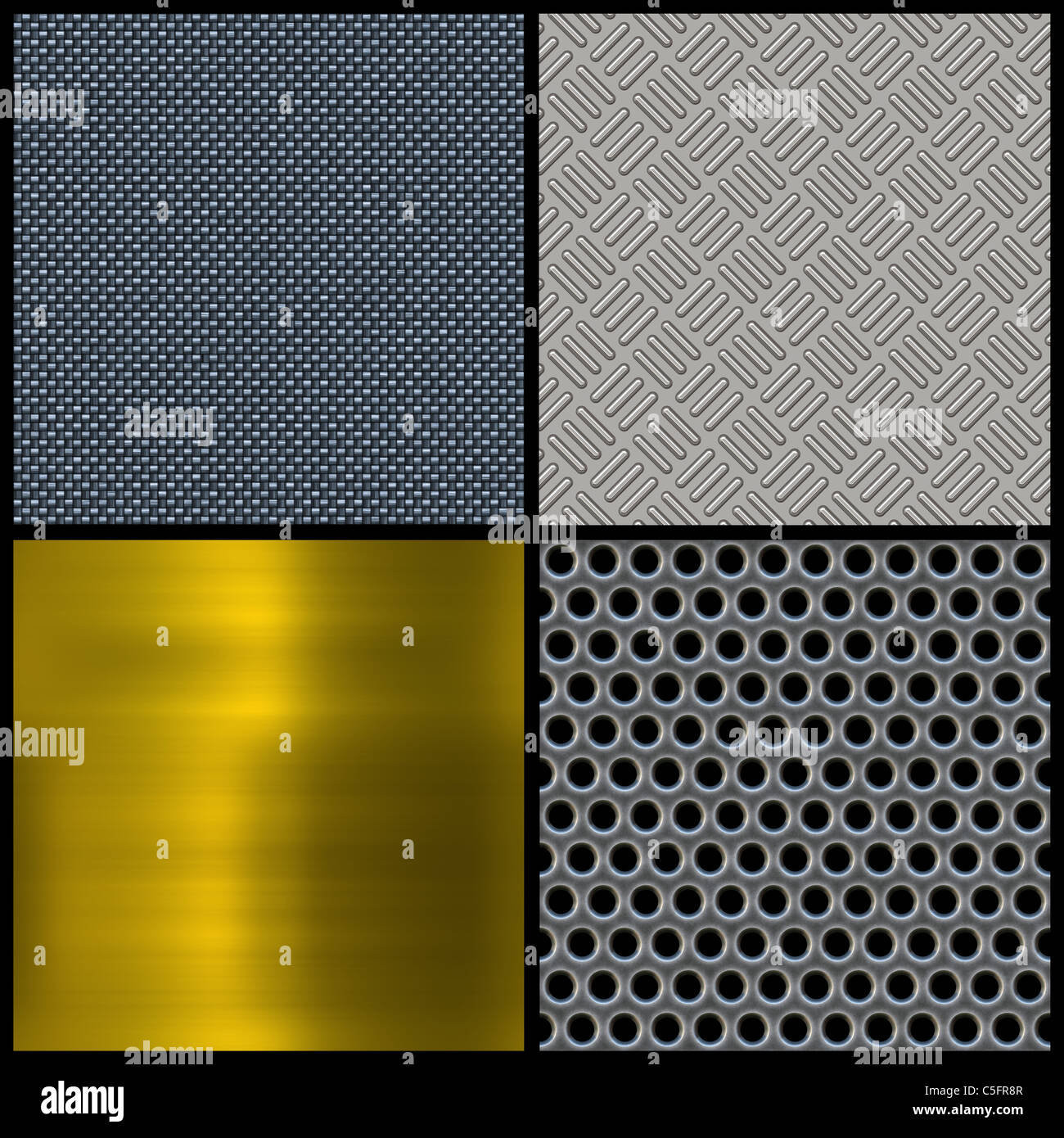 A variety of background textures. Carbon fiber, metal mesh grate material,  diamond plate steel, and shiny gold plating Stock Photo - Alamy