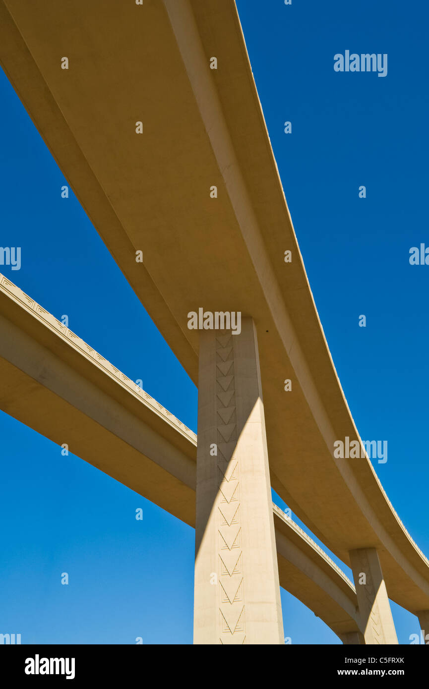 Tall cement columns holding up freeway in Phoenix, AZ. Stock Photo