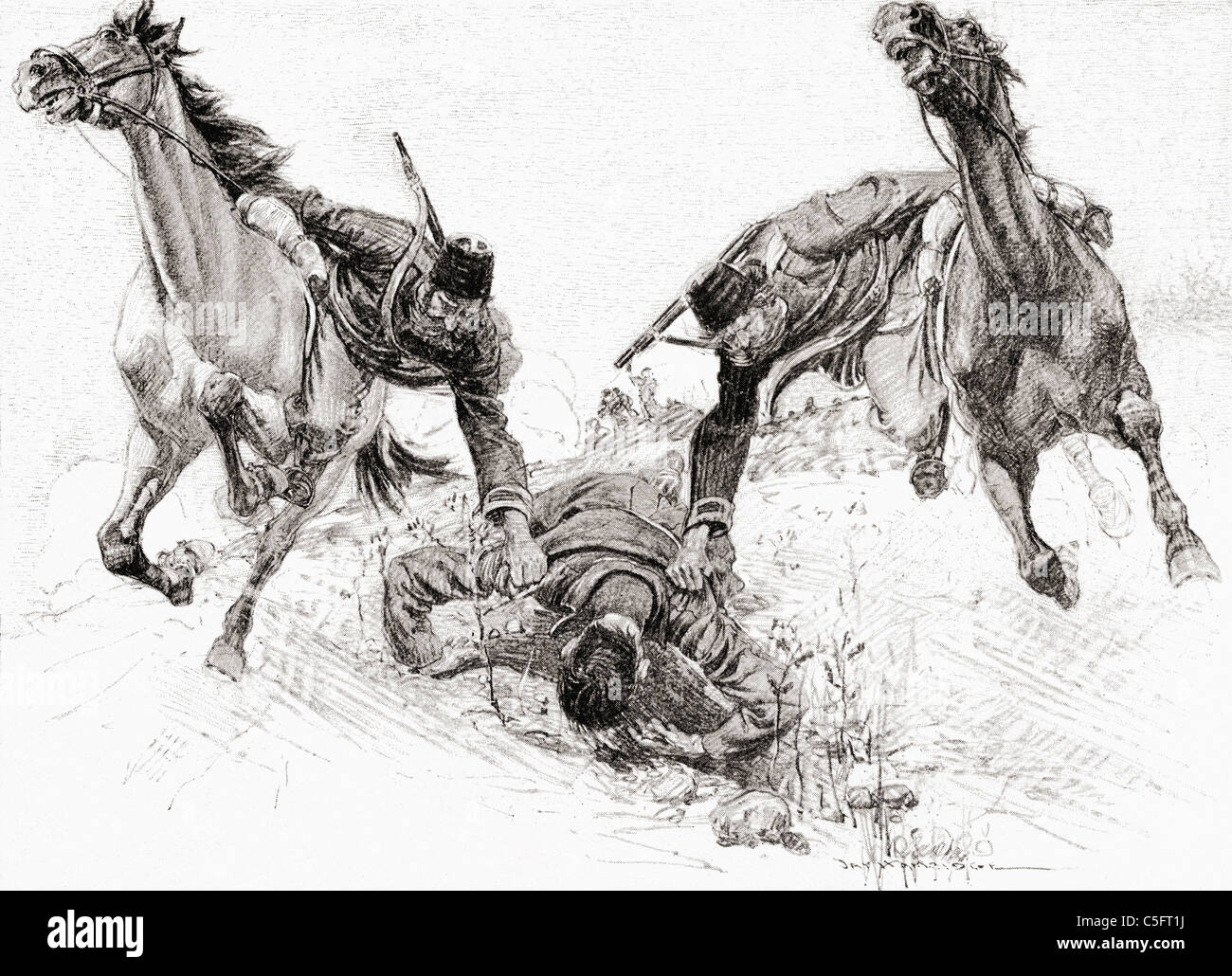 Cossack soldiers on horseback picking up a wounded comrade. Stock Photo